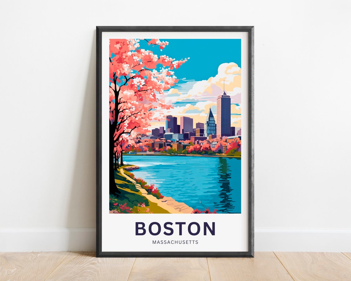 Boston Massachusetts Spring Cherry Blossom Skyline Travel Poster