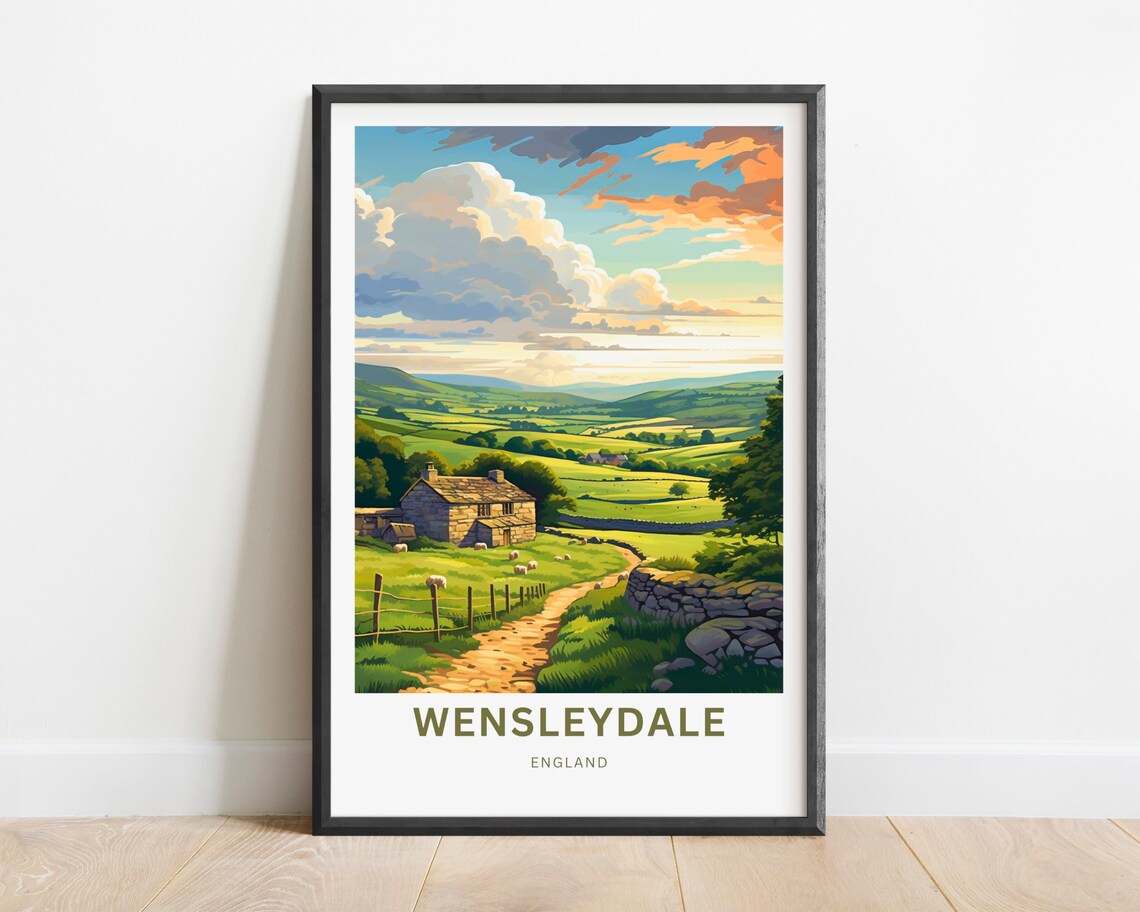Wensleydale England Travel Poster Rolling Hills Stone Cottage Sheep Farm Art