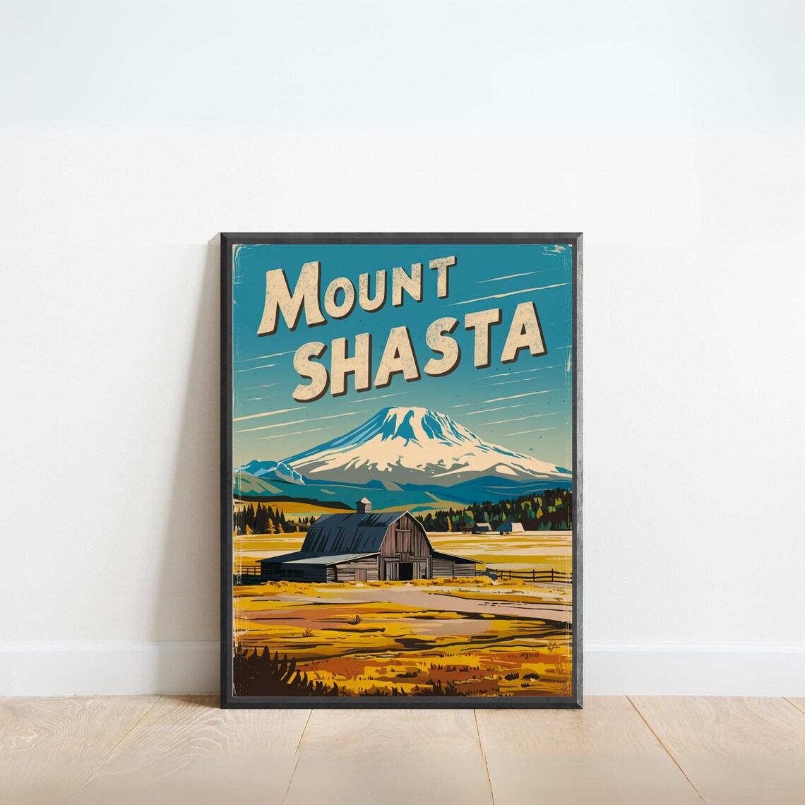 Mount Shasta California Barn Meadow Snow Peak Vintage Travel Poster