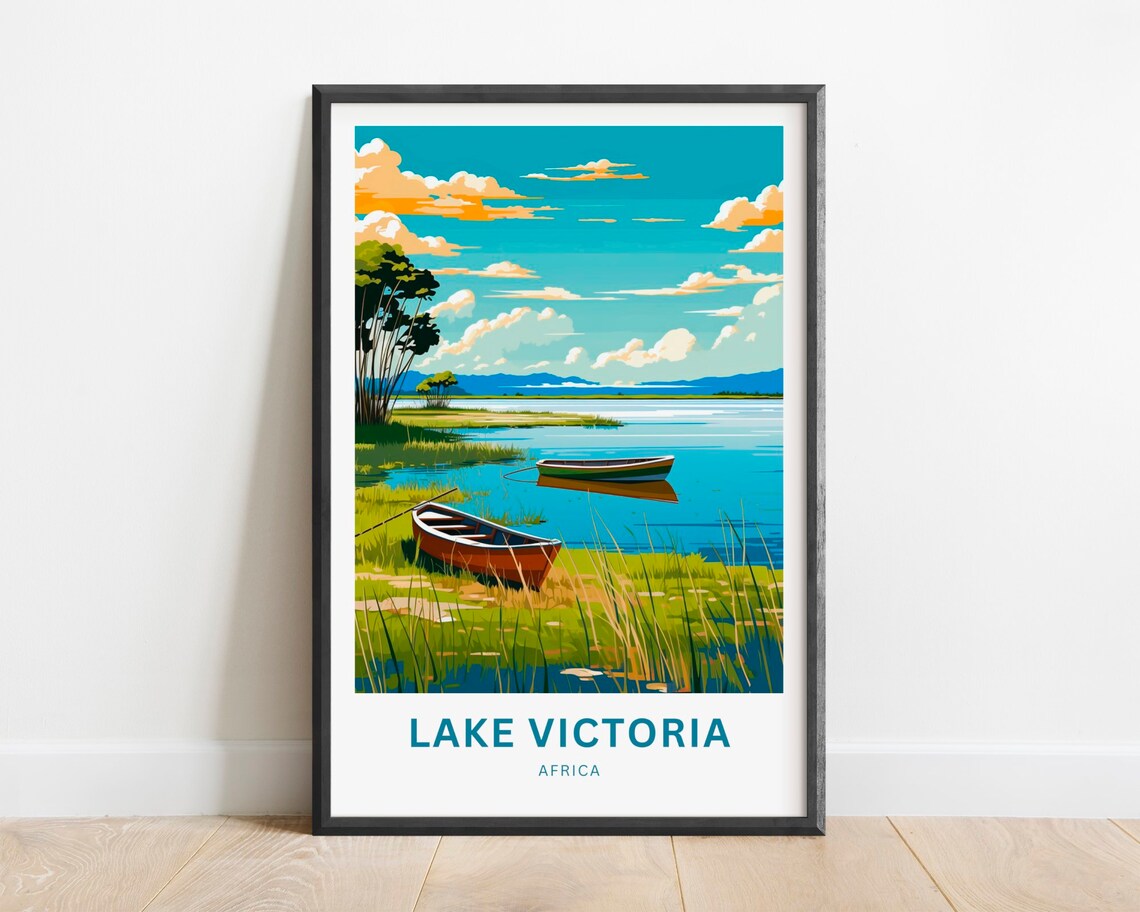 Lake Victoria Africa Wooden Canoes On A Grassy Lakeshore Poster