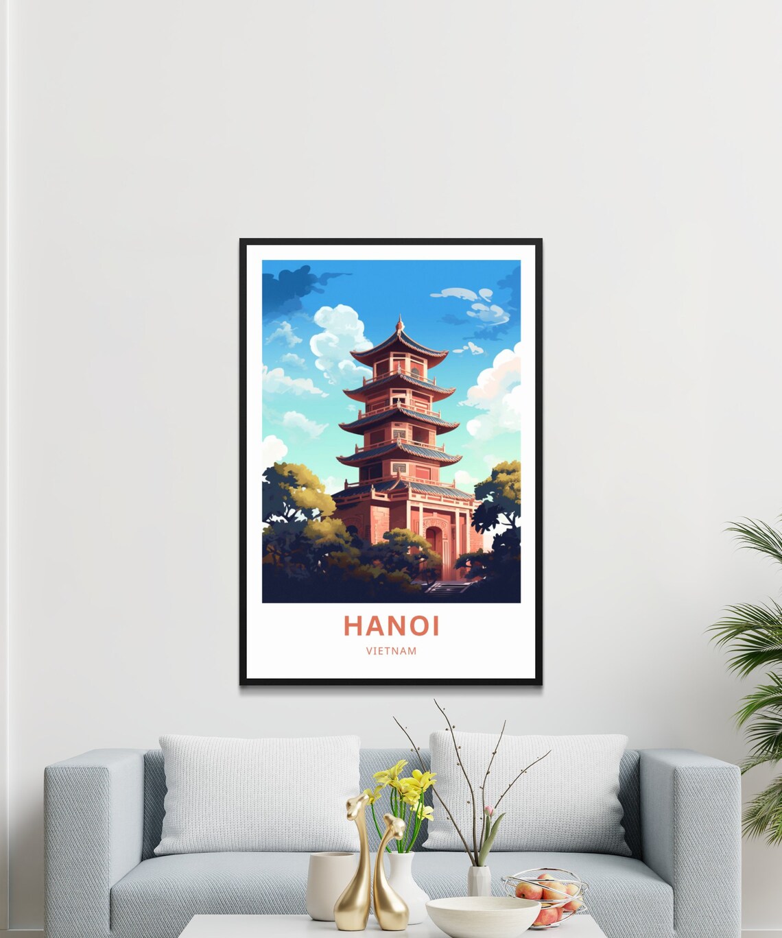 Hanoi Vietnam Red Tiered Pagoda Temple Golden Sky Travel Poster - Image 3