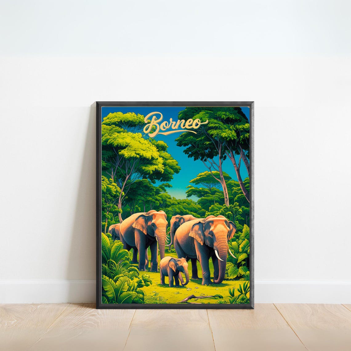 Borneo Malaysia Jungle Elephants Vintage Script Retro Travel Poster