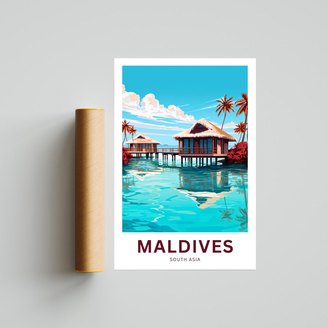 Maldives Palm Fringed Lagoon Hut Island Tropical Seascape Poster - Image 4