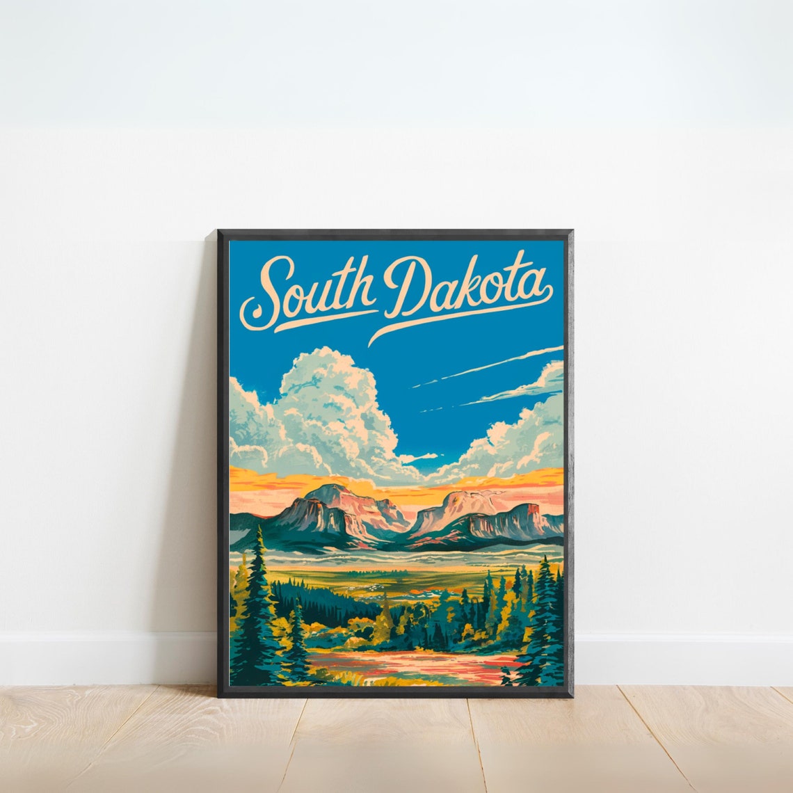 South Dakota Vintage Retro Travel Poster Mountain Valley Landscape
