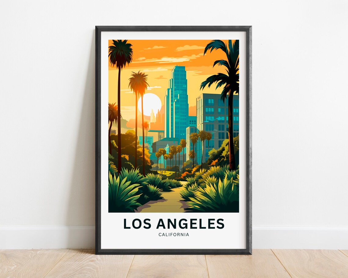 Los Angeles California Downtown Skyline Sun Palm Vibrant Poster
