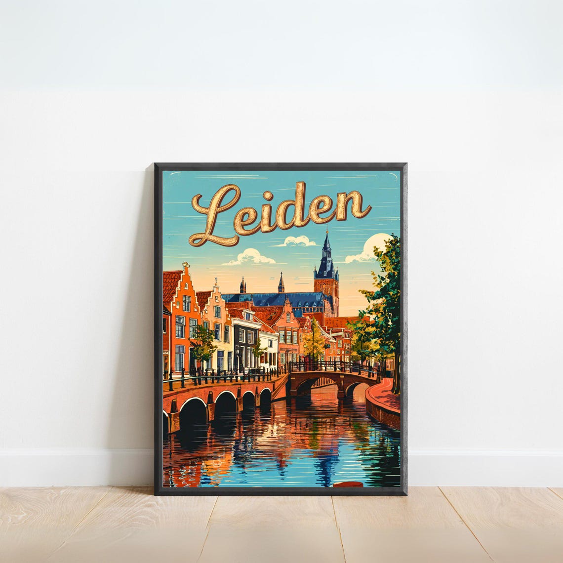Leiden Netherlands Vintage Dutch Canal Houses Retro Travel Poster