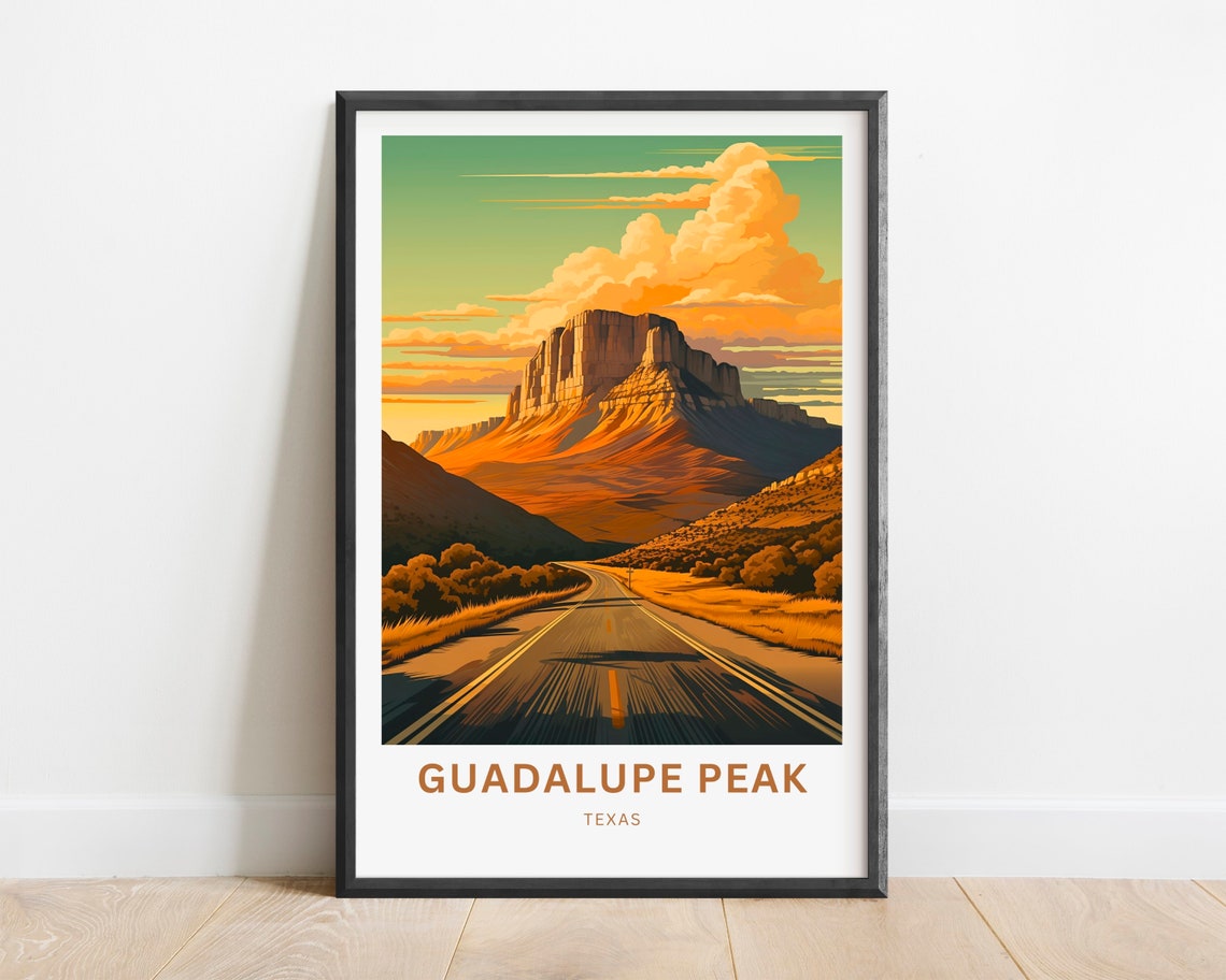 Guadalupe Peak Texas Desert Highway Sunset Mesa Travel Poster