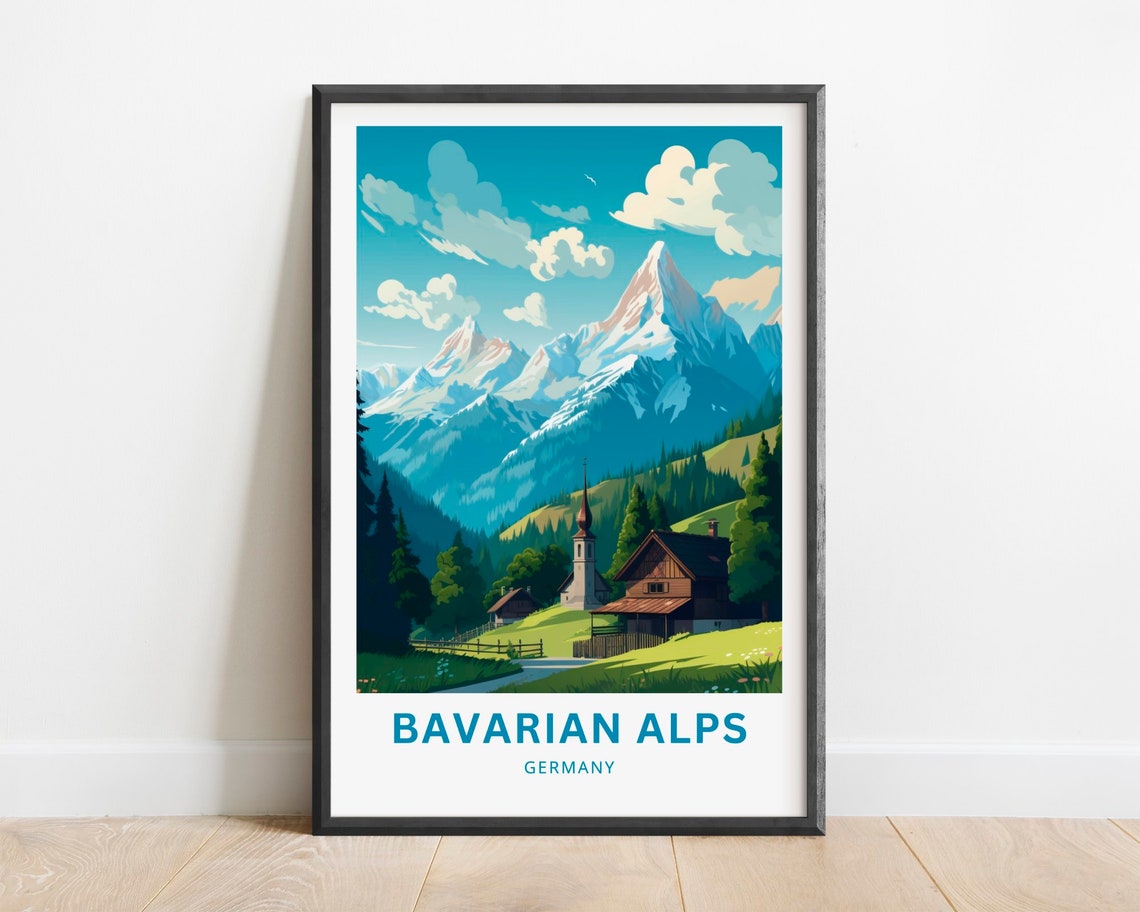Bavarian Alps Germany Snowy Peak Mountain Village Travel Poster