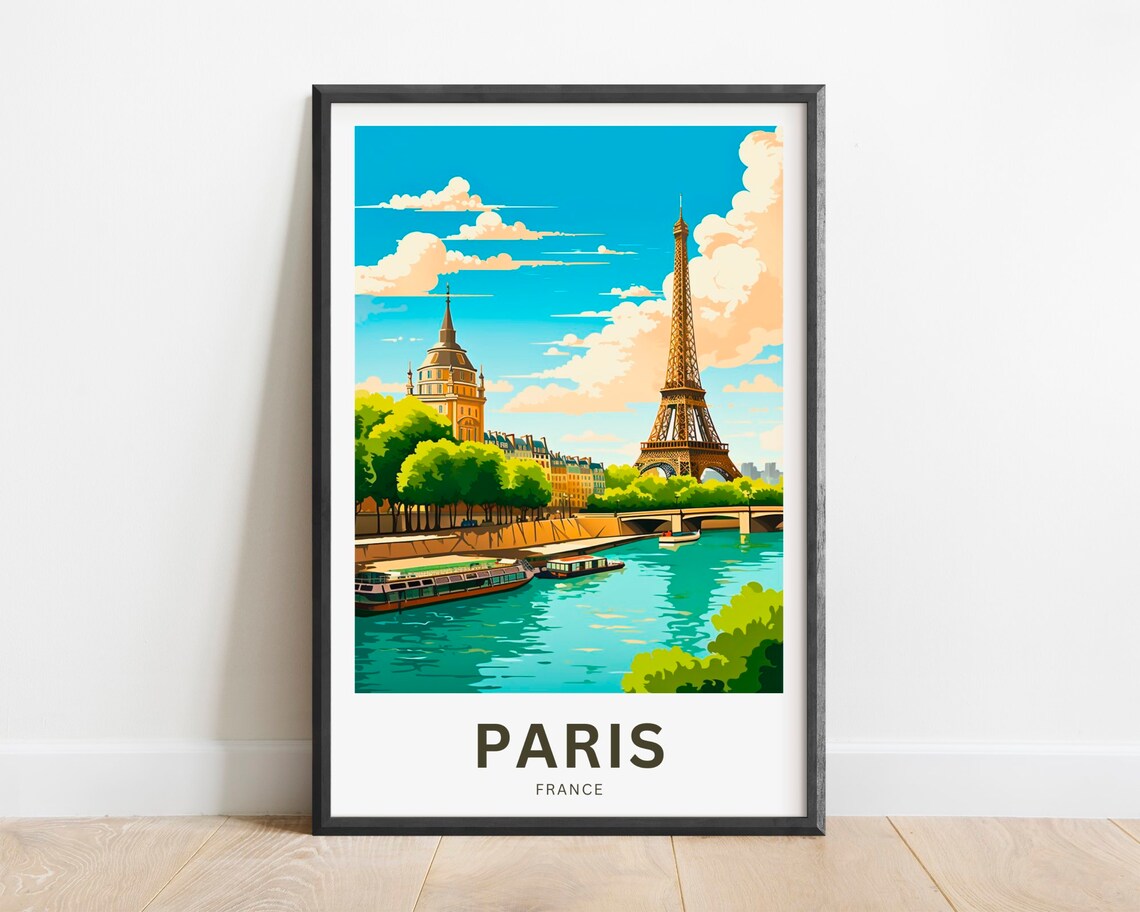 Paris France Eiffel Tower Riverbank Boats Bridge Scenic Travel Poster
