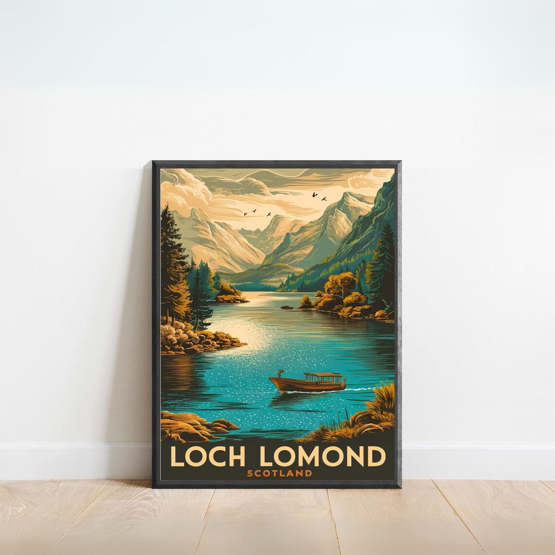 Loch Lomond Scotland Vintage Lake Boat Mountain View Retro Poster