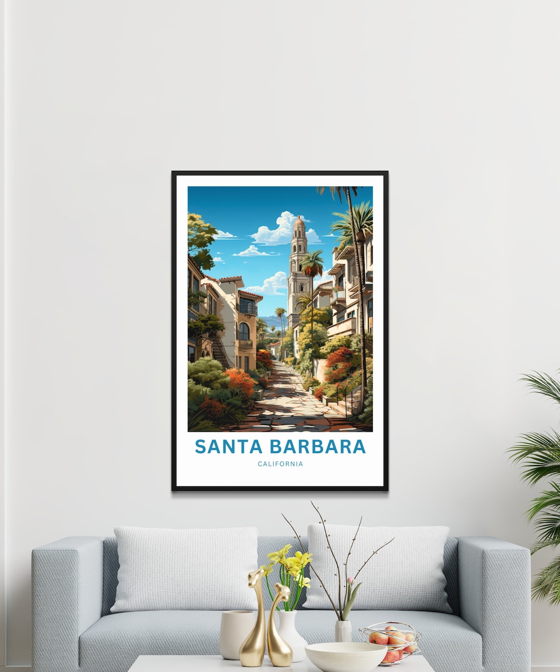 Santa Barbara California Bell Tower Flower Street Palms Travel Poster - Image 3