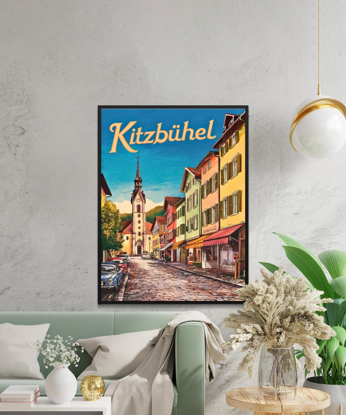 Kitzbuhel Austria Vintage Street Poster Cobblestone Town Church Spire - Image 2