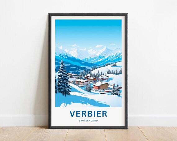 Verbier Switzerland Snowy Alpine Village Ski Travel Poster Gift