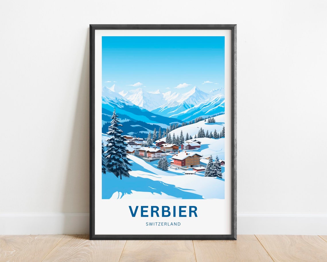 Verbier Switzerland Snowy Alpine Village Ski Travel Poster Gift