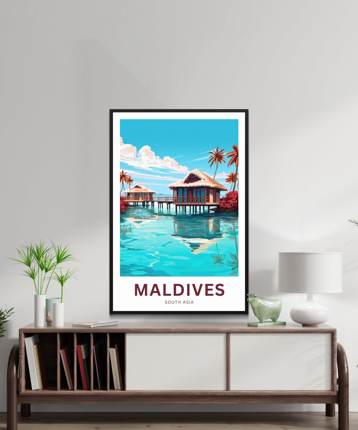 Maldives Palm Lined Lagoon Huts Reflection Personalized Travel Poster - Image 2