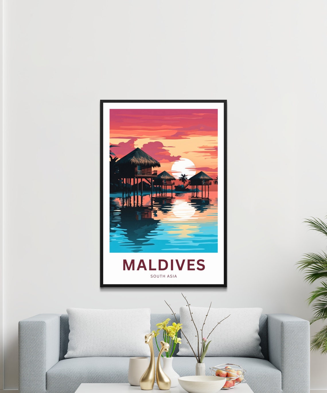Maldives Pink Sunset Overwater Villas Lagoon Reflection Travel Poster - Image 3