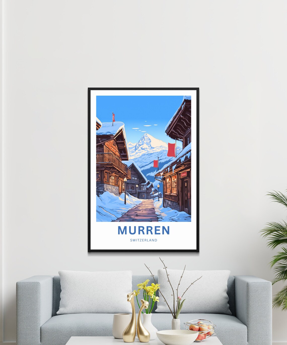 Murren Switzerland Snowy Street Flags Alpine Peak Travel Poster - Image 3