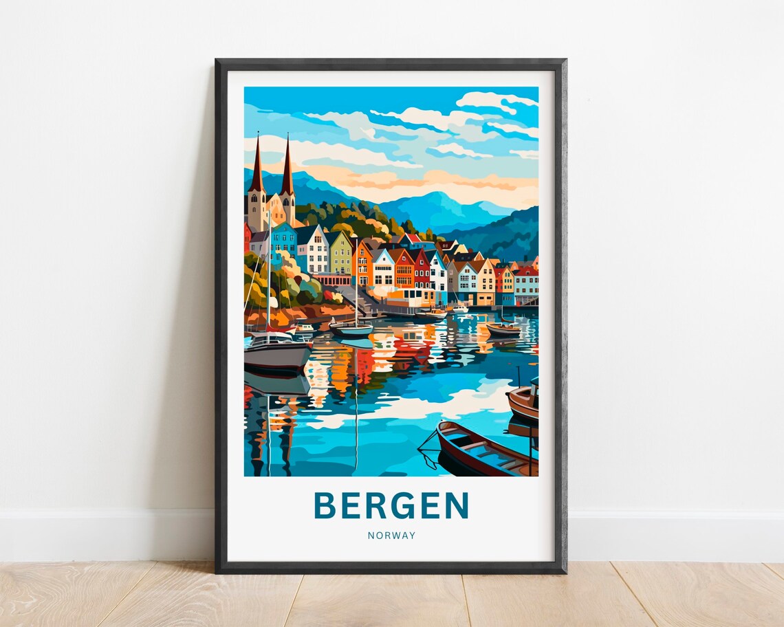 Bergen Norway Harbor Boats Church Spires Fjord Town Travel Poster