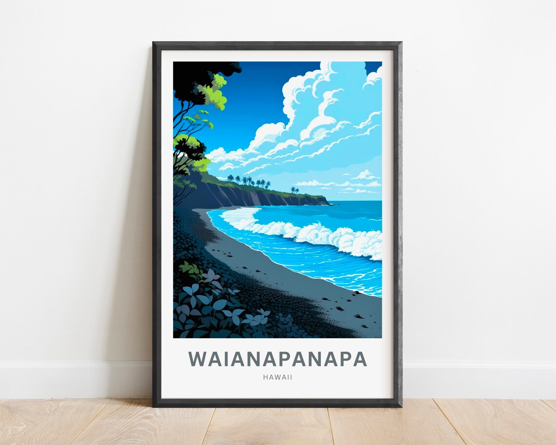 Waianapanapa Hawaii Black Sand Beach Surf Waves Cliffs Travel Poster