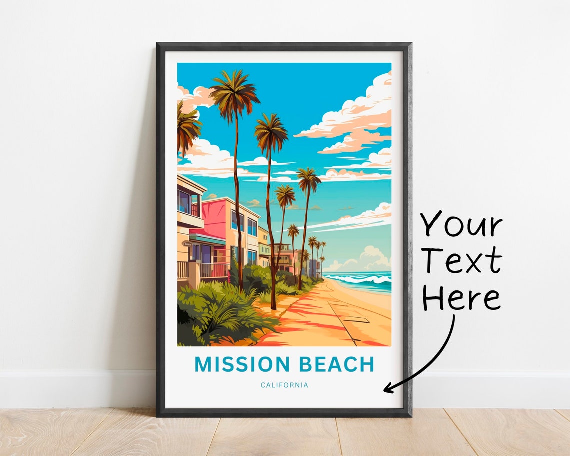 Mission Beach California Boardwalk Palms Custom Text Travel Poster