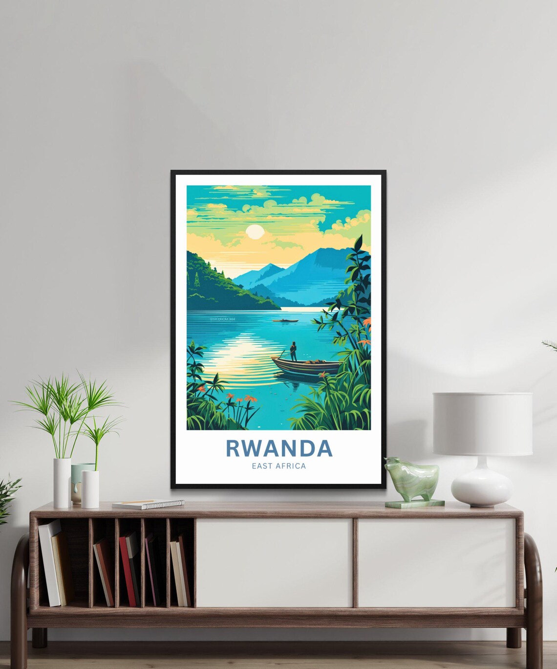 Rwanda East Africa Modern Lake Poster Fisherman Canoe Sunrise Hills - Image 4