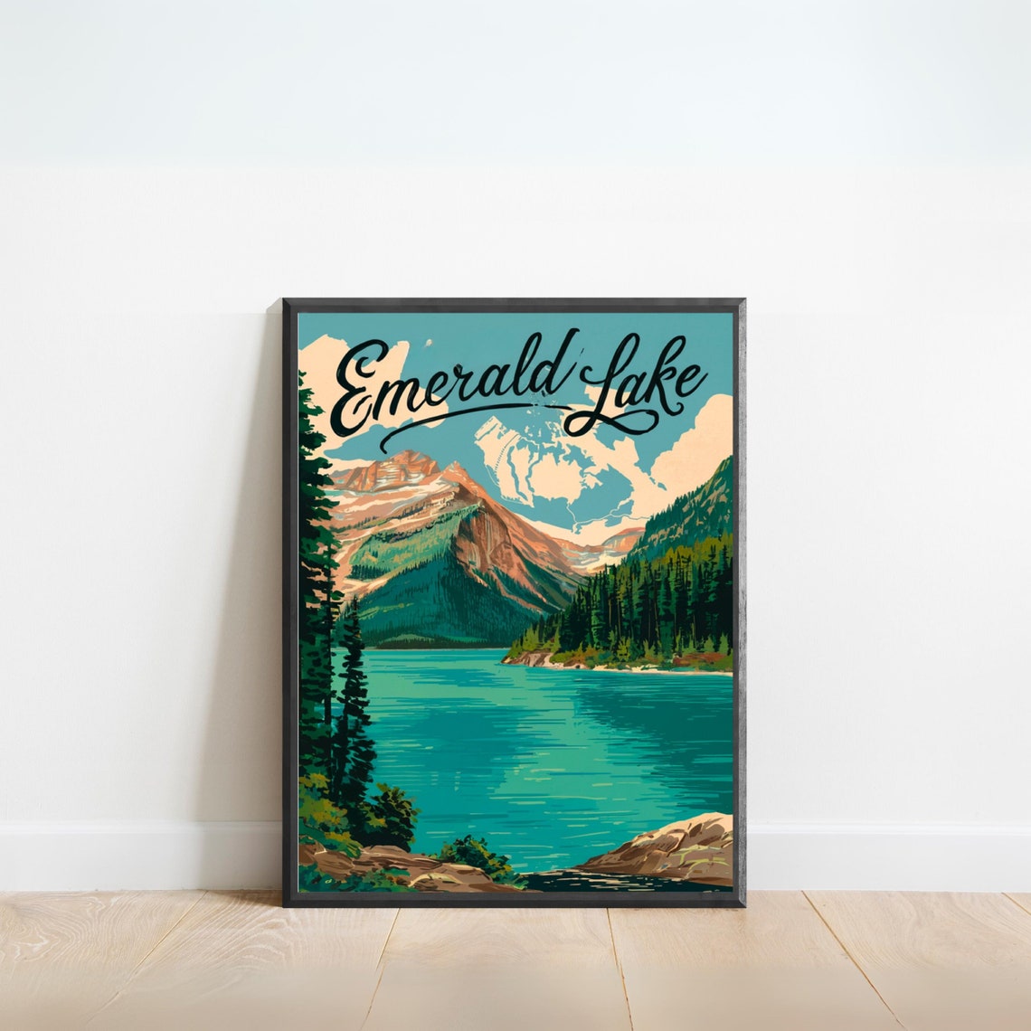 Emerald Lake Canada Vintage Script Lettering Mountain Poster