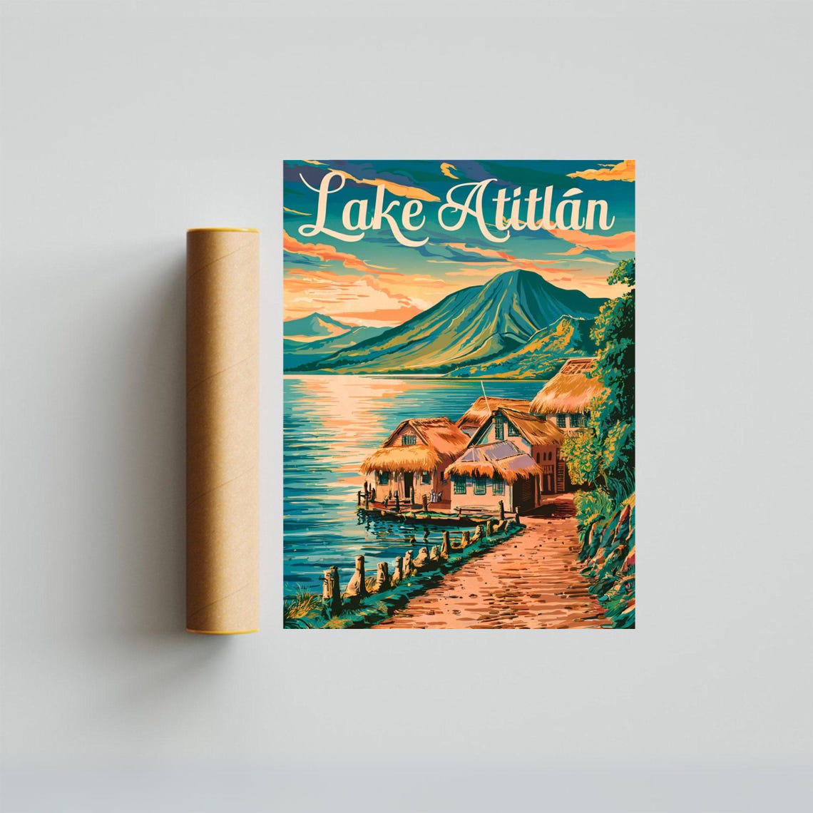 Lake Atitlan Guatemala Vintage Sunset Village Lakefront Poster - Image 2