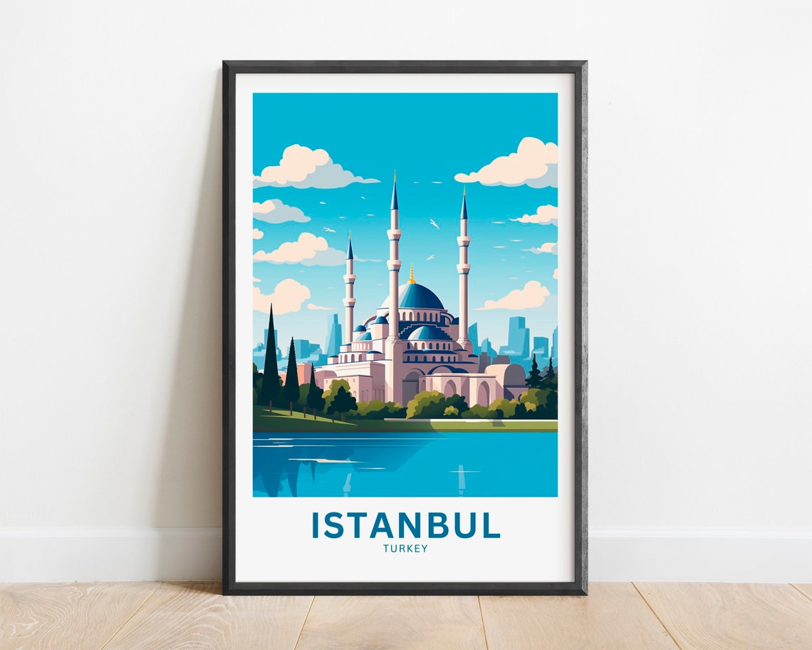 Istanbul Turkey Grand Mosque Domes Waterfront Serene Blue Poster