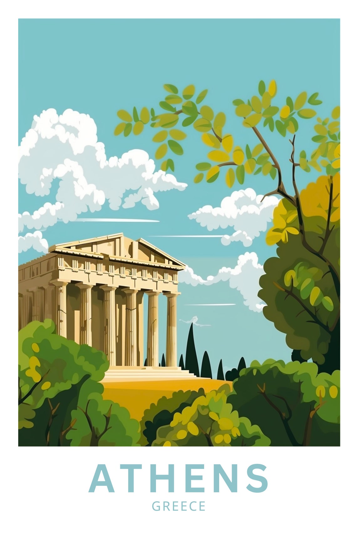 Athens Greece Parthenon Teal Sky Cypress Garden Travel Poster - Image 4