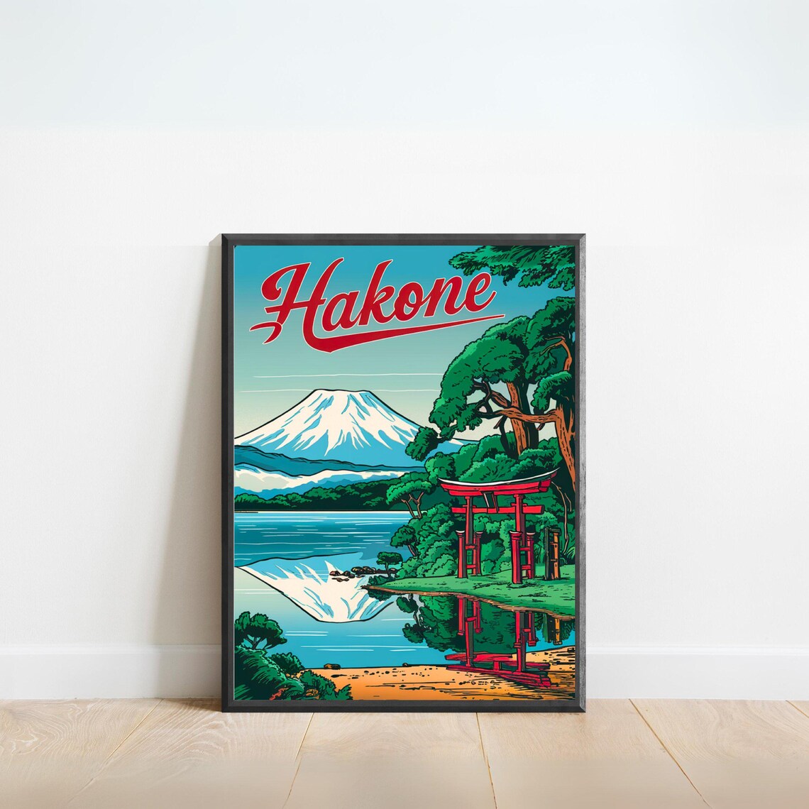 Hakone Japan Mt Fuji Red Torii Gate Lake Vintage Travel Poster
