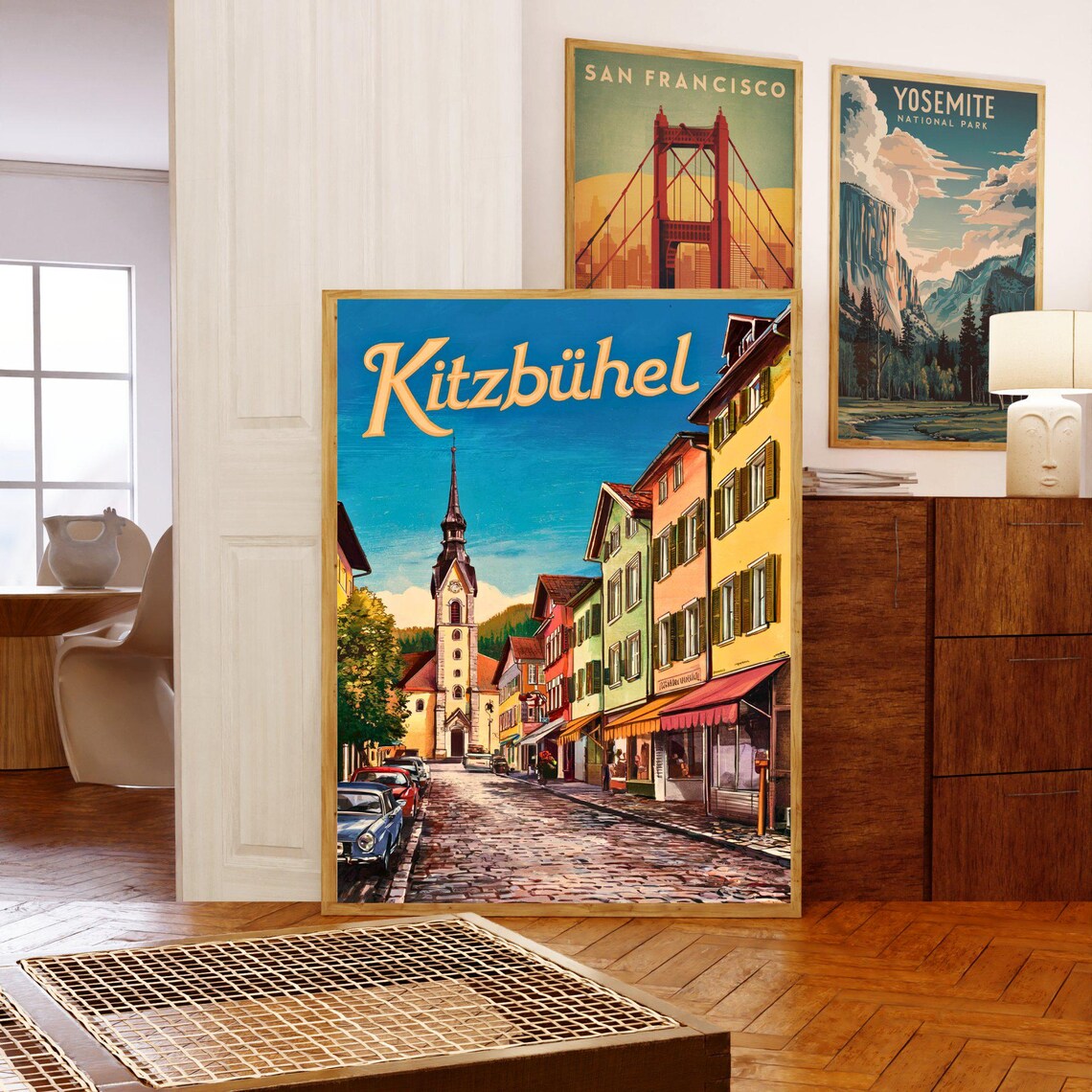 Kitzbuhel Austria Vintage Street Poster Cobblestone Town Church Spire - Image 5