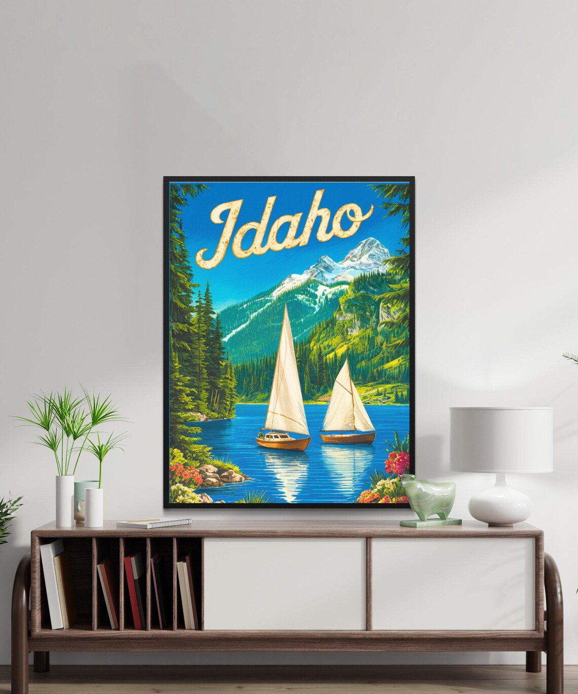 Idaho Vintage Travel Poster Two Sailboats Alpine Lake Snowy Peaks Art - Image 2