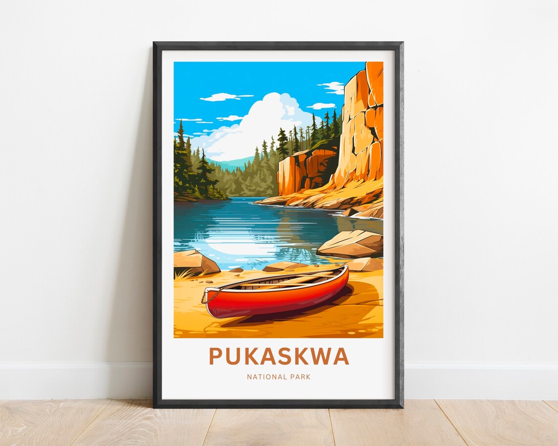 Pukaskwa National Park Red Canoe Sandy Shore Cliffs Vintage Travel Poster