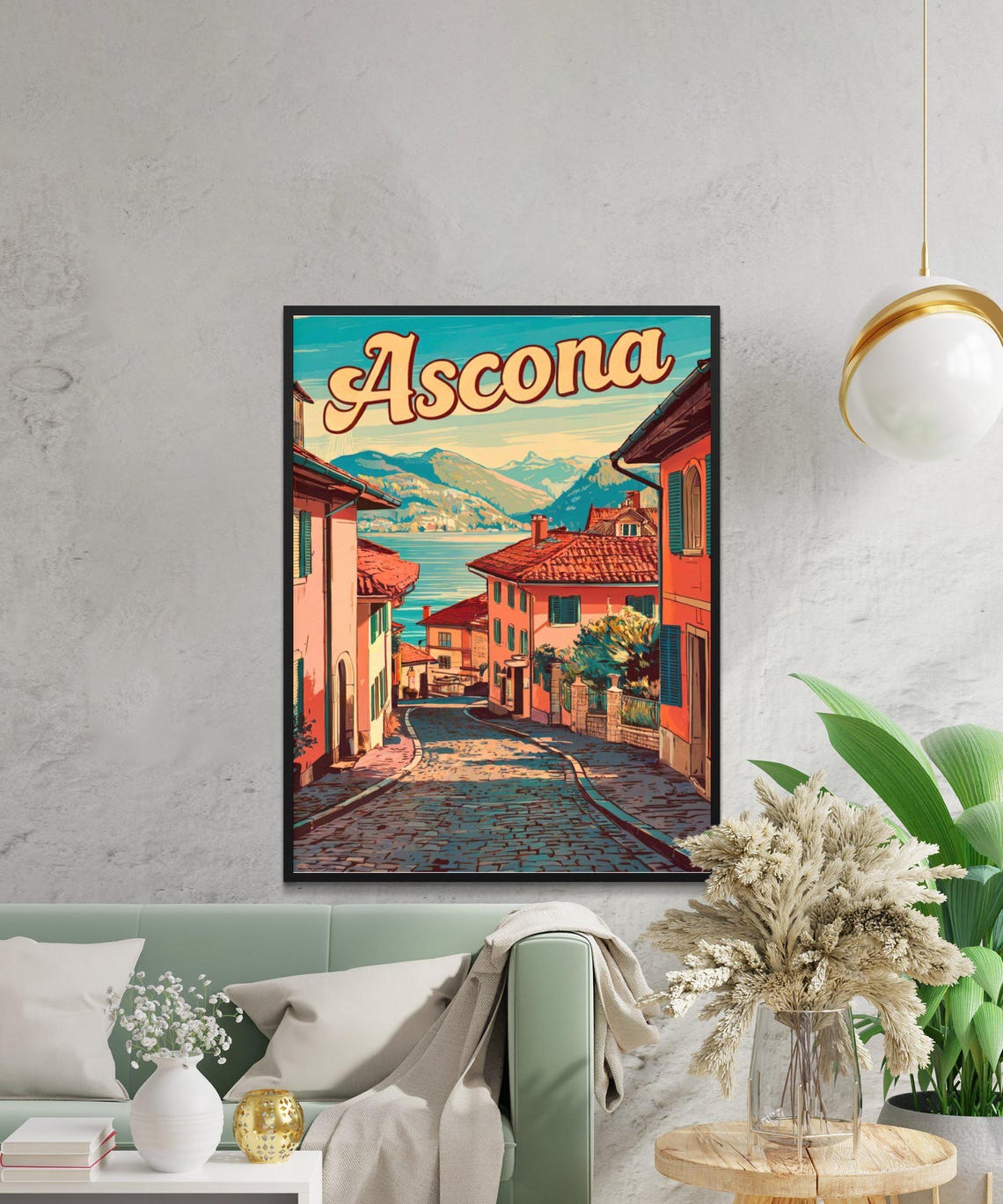 Ascona Vintage Travel Poster Retro Script Cobblestone Street Lake View - Image 3