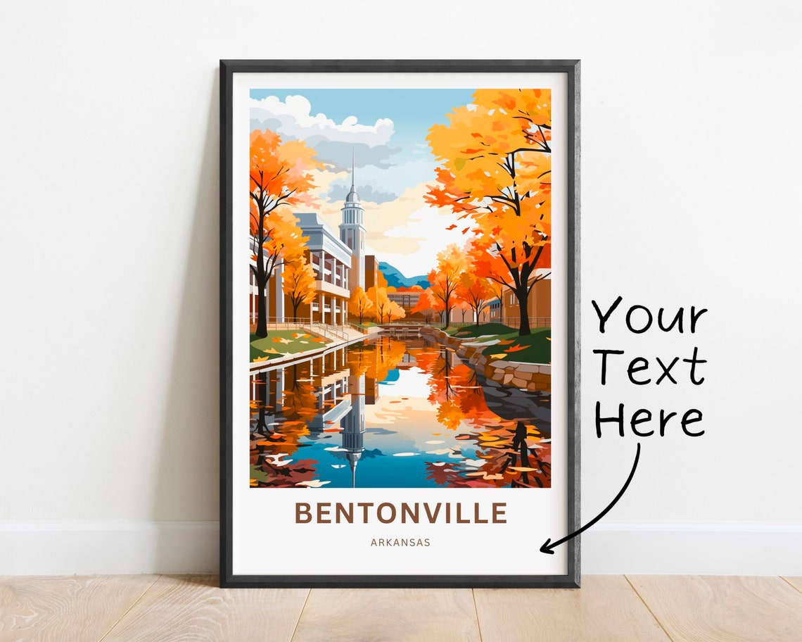 Personalized Bentonville Arkansas Autumn Riverwalk Scene Travel Poster