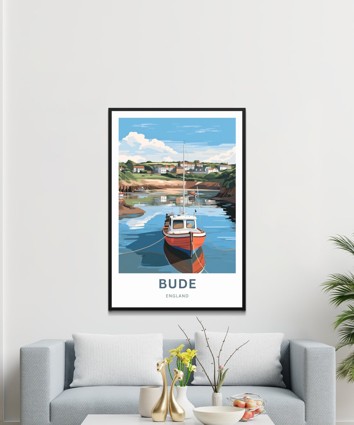 Bude England Harbor Red Fishing Boat Vintage Style Travel Poster - Image 3