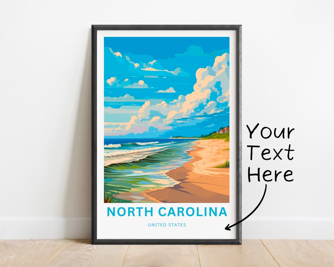North Carolina Personalized Travel Poster Beach Waves Custom Text Art
