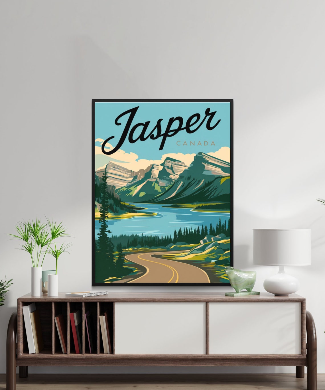 Jasper Canada Vintage Script Mountain Lake Road Travel Poster - Image 2