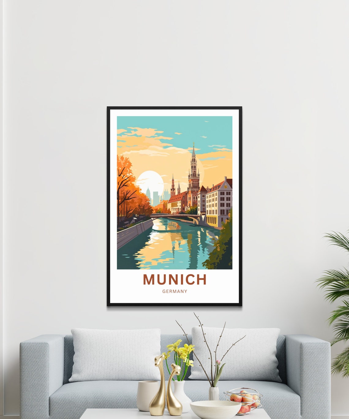 Munich Germany Autumn River Reflection Bridge Sunset Art Poster - Image 4