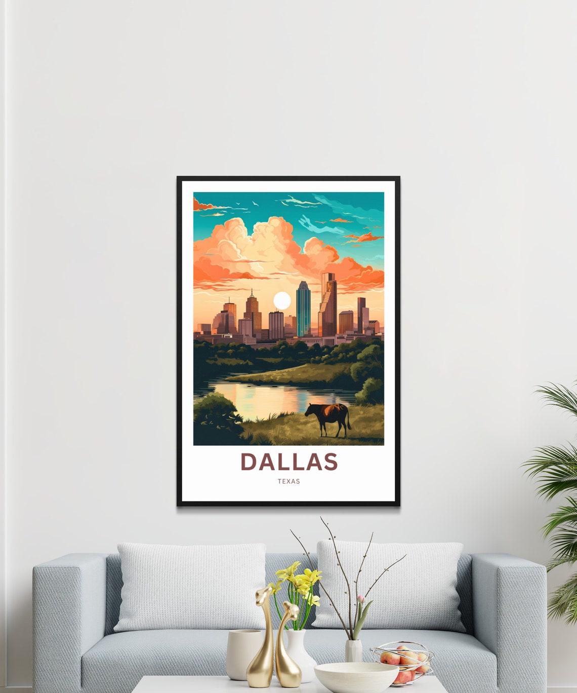 Dallas Texas Skyline Horse Pasture Sunset Cityscape Travel Poster - Image 3