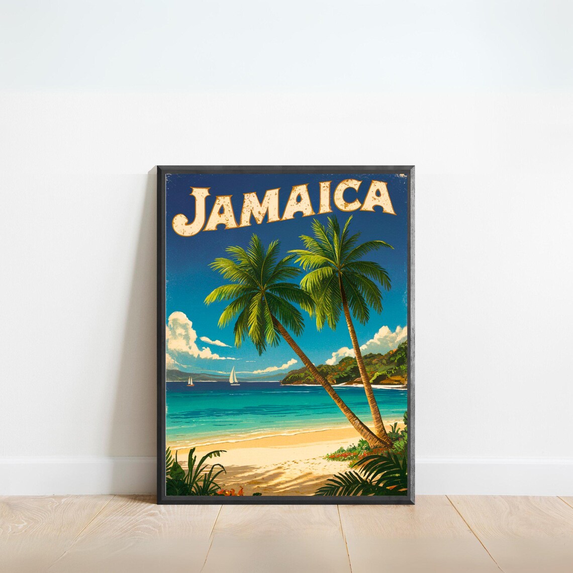 Jamaica Vintage Caribbean Palm Trees Beach Retro Travel Poster