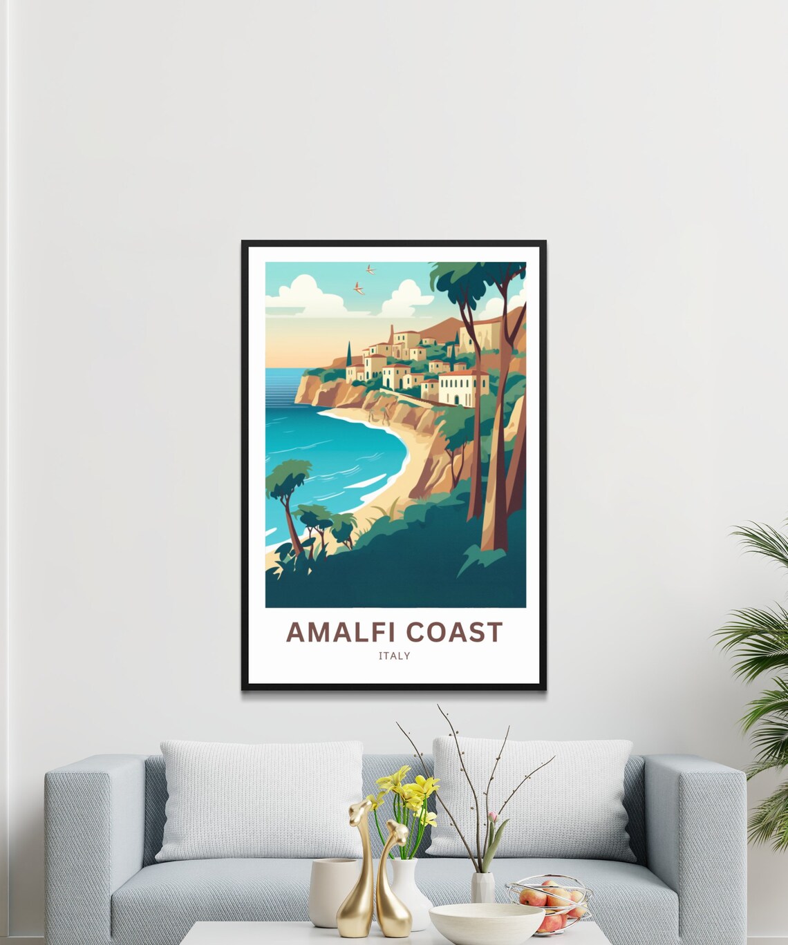 Amalfi Coast Italy Cliffside Village Beach Cove Pines Travel Poster - Image 3