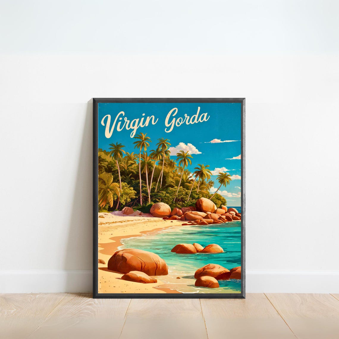 Virgin Gorda Palm Tree Beach Tropical Vintage Island Travel Poster