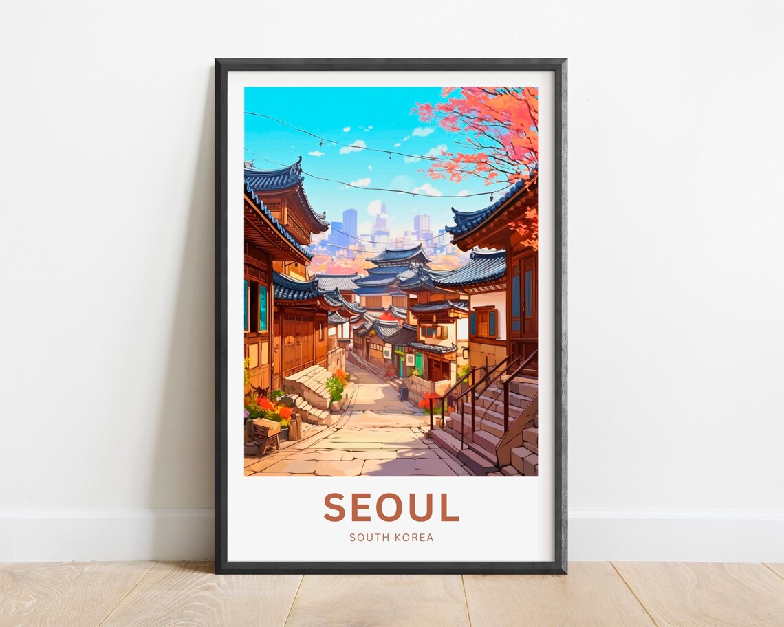 Seoul South Korea Hanok Village Street Old Town Travel Poster