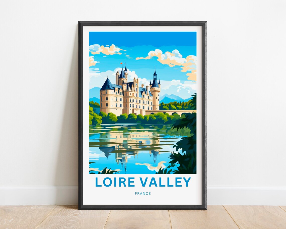Loire Valley France Chateau Lakeside Reflection Castle Travel Poster