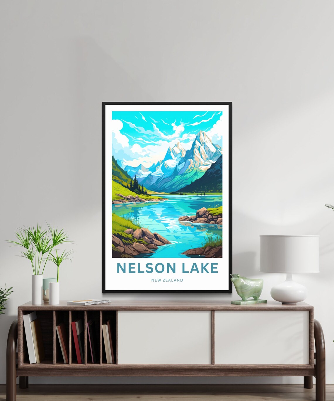 Nelson Lake New Zealand Turquoise Lake Snowy Peaks Travel Poster - Image 2