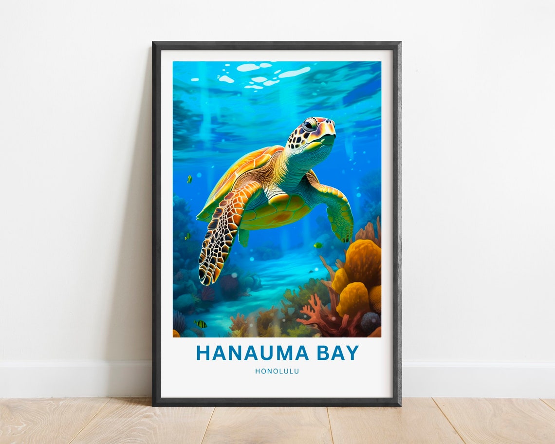 Hanauma Bay Honolulu Green Sea Turtle Ocean Wildlife Poster Art