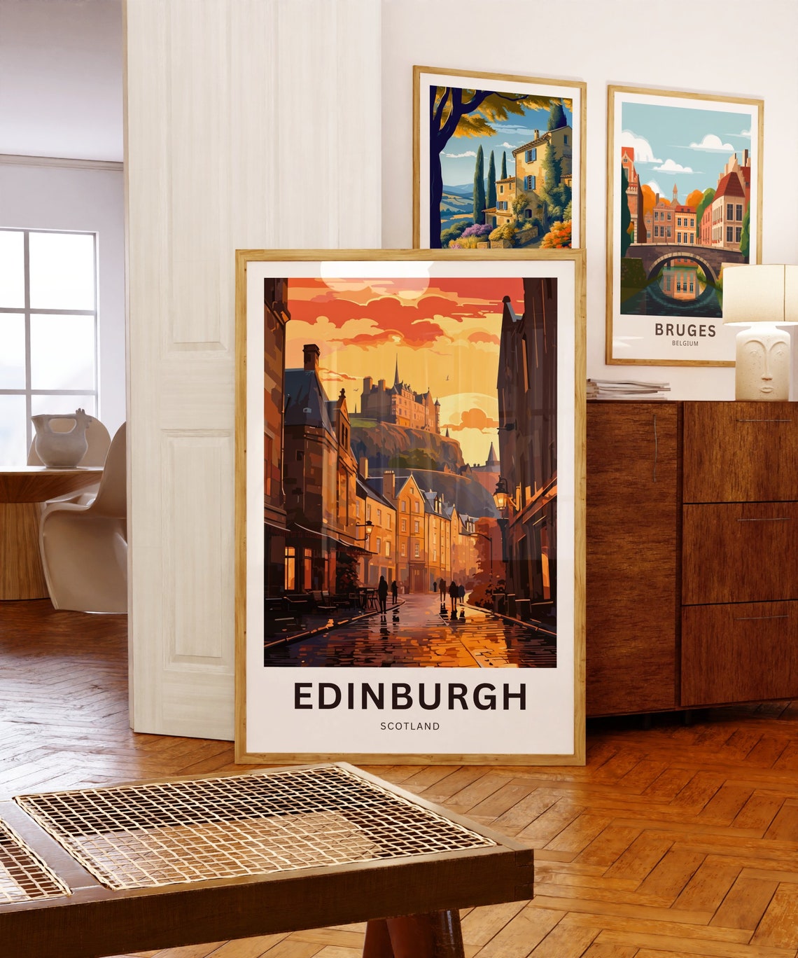 Edinburgh Scotland Castle Rock Rainy Cobblestone Street Poster - Image 5