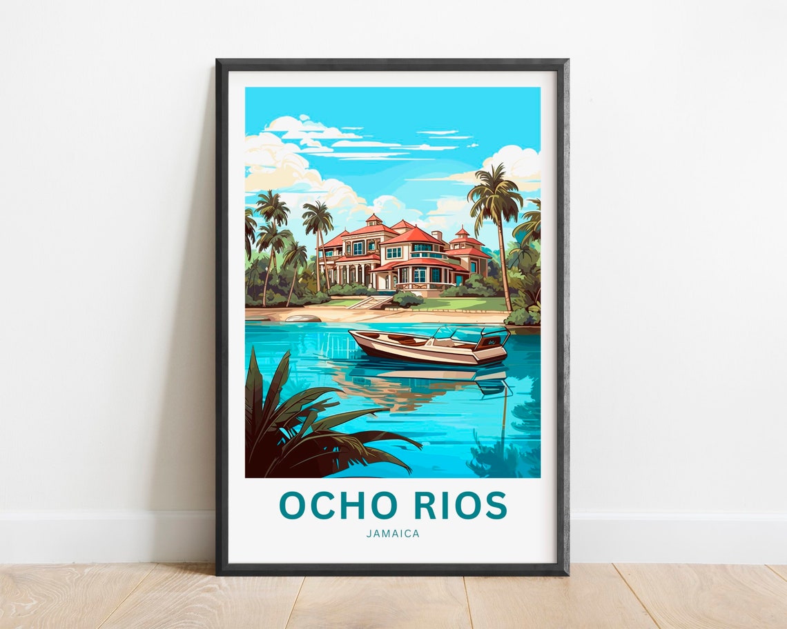 Ocho Rios Jamaica Palm Beach Tropical Resort Vintage Travel Poster