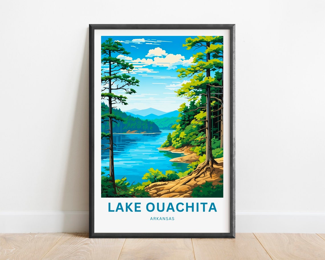 Lake Ouachita Arkansas Pine Trees Rocky Shore Sunny Lake Travel Poster